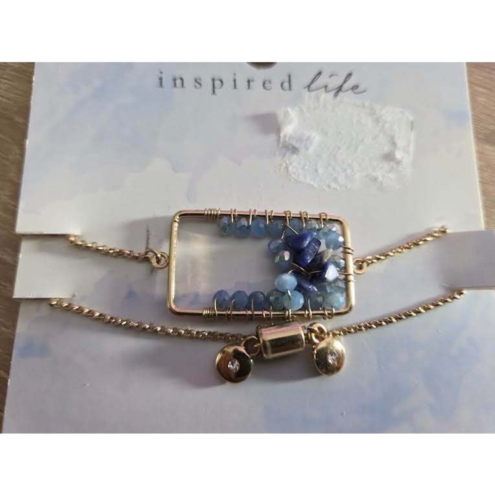 Inspired Life Blue‎ Beaded Gold Tone Slider Bracelet ABD2351QC Adjustable New